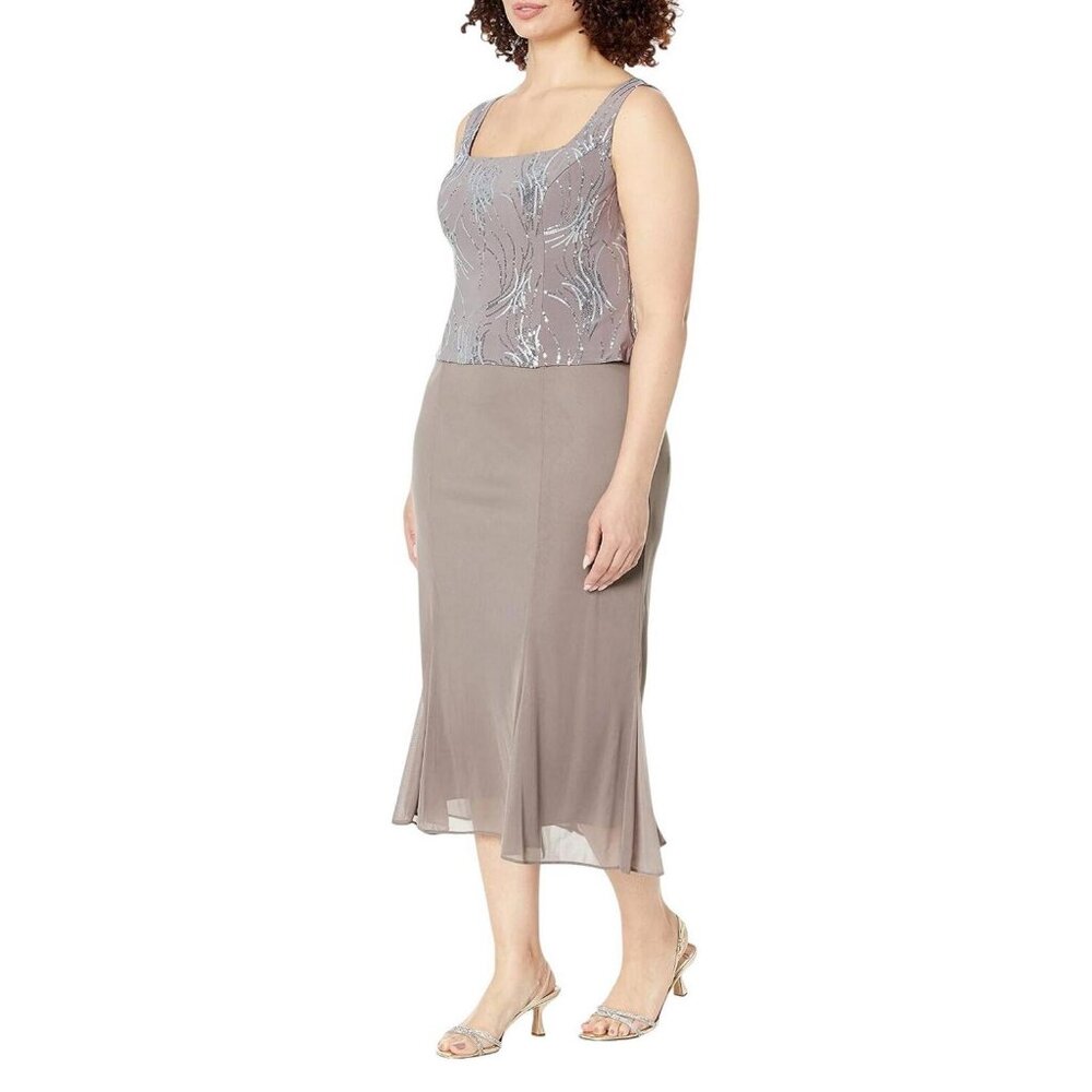 Alex Evenings Women's Tea Length Sequin Dress Pewter Brown / Frost 10 - Picture 9 of 14